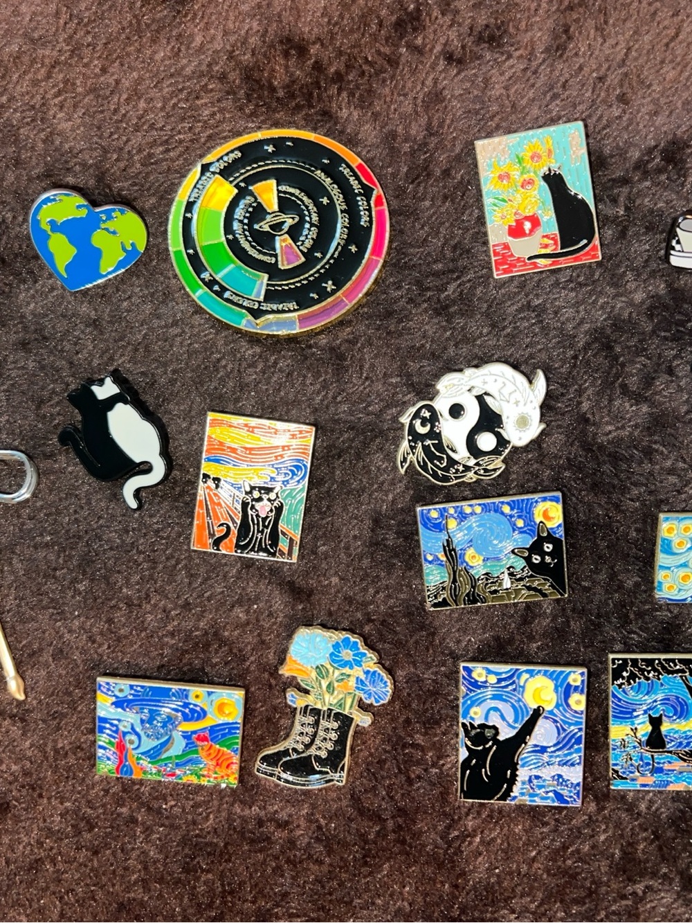 Enamel Cat & Van Gogh Style Pin Set - Multicolor